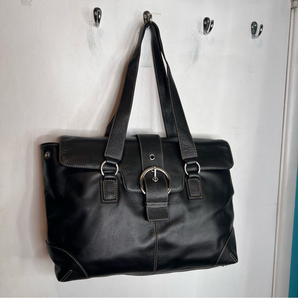 Franklin Covey Black Leather Tote with Silver Hardware